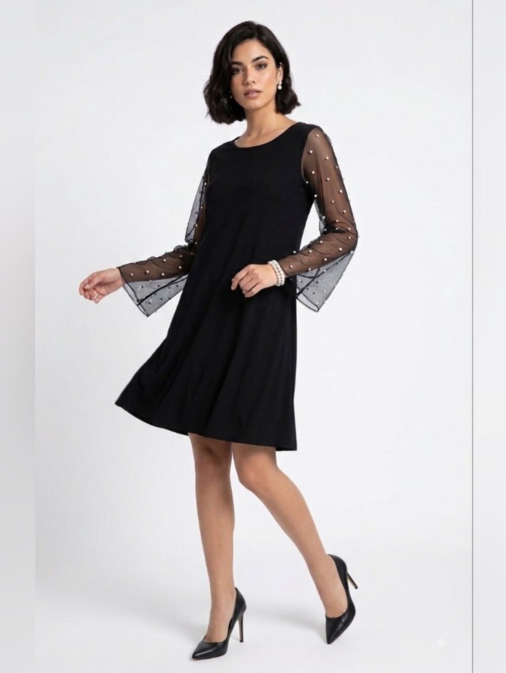 MSK Black Midi Dress with Sheer Pearl-Dotted Sleeves Medium